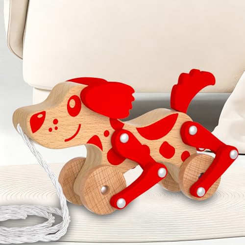 Image of Montessori Toys 1 2 3 4 Years Old Boys Girls Wooden Walking Pull Dog Toy for Baby Toddler, Pull Along Walking Toys, Walk Along Puppy Pull, Wooden Pull & Push Toy (Red)