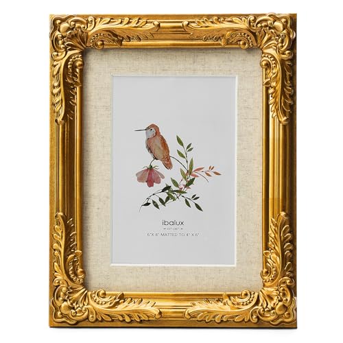 ibalux 6x8 Gold Picture Frame, Made of Solid MDF Wood with Real Glass, Display Photo 4x6 with Linen Mat or 6x8 without Mat, Vertical and Horizontal for Wall Hanging or Tabletop, Vintage Baroque Frame by ibalux - Used condition - US$21.69
