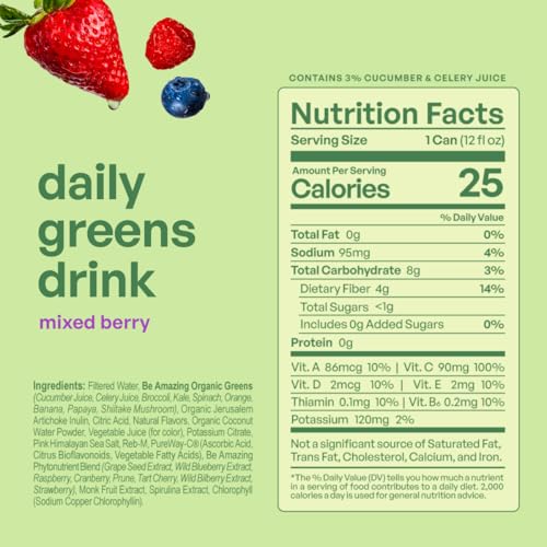 Image of Be Amazing Greens Drink, Mixed Berry, Ready to Drink, 10 Organic Fruits & Vegetables, Coconut Water, Vitamin C, Prebiotic Fiber, 25 Calories, Low Sugar, Vegan, Gluten Free, On the Go, 8 Pack