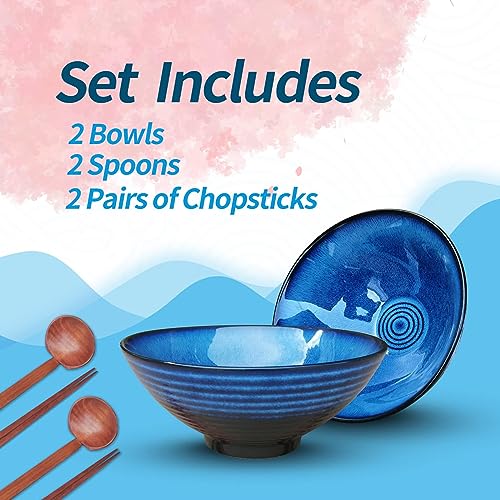 Image of NJCHARMS Ceramic Ramen Bowl Set of 2, 42 oz Japanese Noodle Soup Bowls with Spoons and Chopsticks for Ramen Soup Pho Udon Asian Noodles, Large Noodle Bowls(Blue)