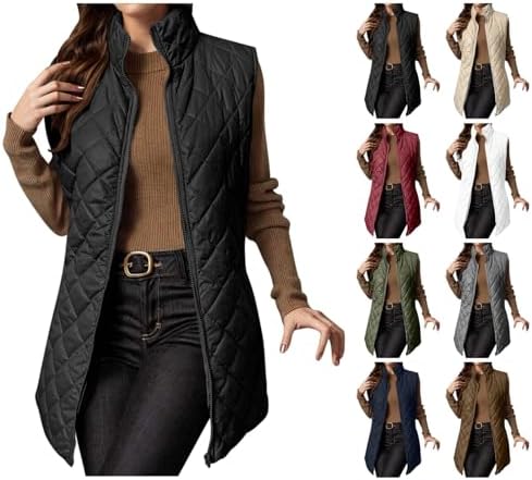 YRAETENM Long Puffer Vest Women Warm Sleeveless Quilted Jackets Stand Collar Zip Padded Gilet Winter Outerwear with Pockets