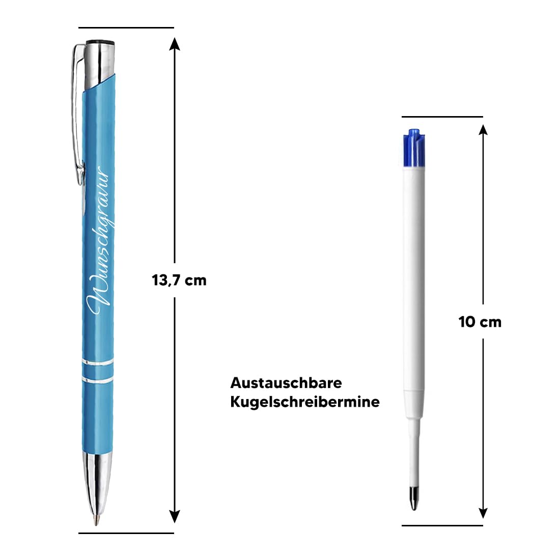 polar-effekt 50 Stück Metall Kugelschreiber Hellblau mit Gravur - Druckkugelschreiber für Frauen und Männer - Geschenke zum Geburtstag - mit rutschfestem Griff