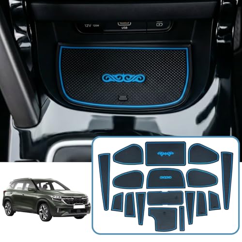 Image of Car Drome | Door Cup Bottle Mat Set for Kia Seltos Facelift 2023 to 2025 | Premium Non Slip Soft Rubber Inserts | Custom Fit 17 Pieces | Blue Trim Interior Car Accessories | Dustproof Washable