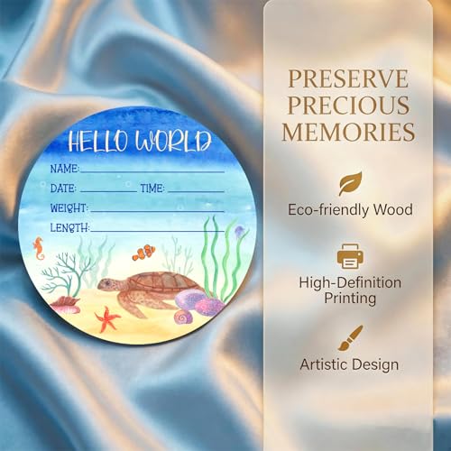 Image of Ocean Baby Announcement Sign, Wooden Nursery Name Decor 6in | Ocean Themed Wooden Name Sign for Newborn Announcement, Nursery Decor, or Baby Shower Gifts, Records Baby's Name & Stats