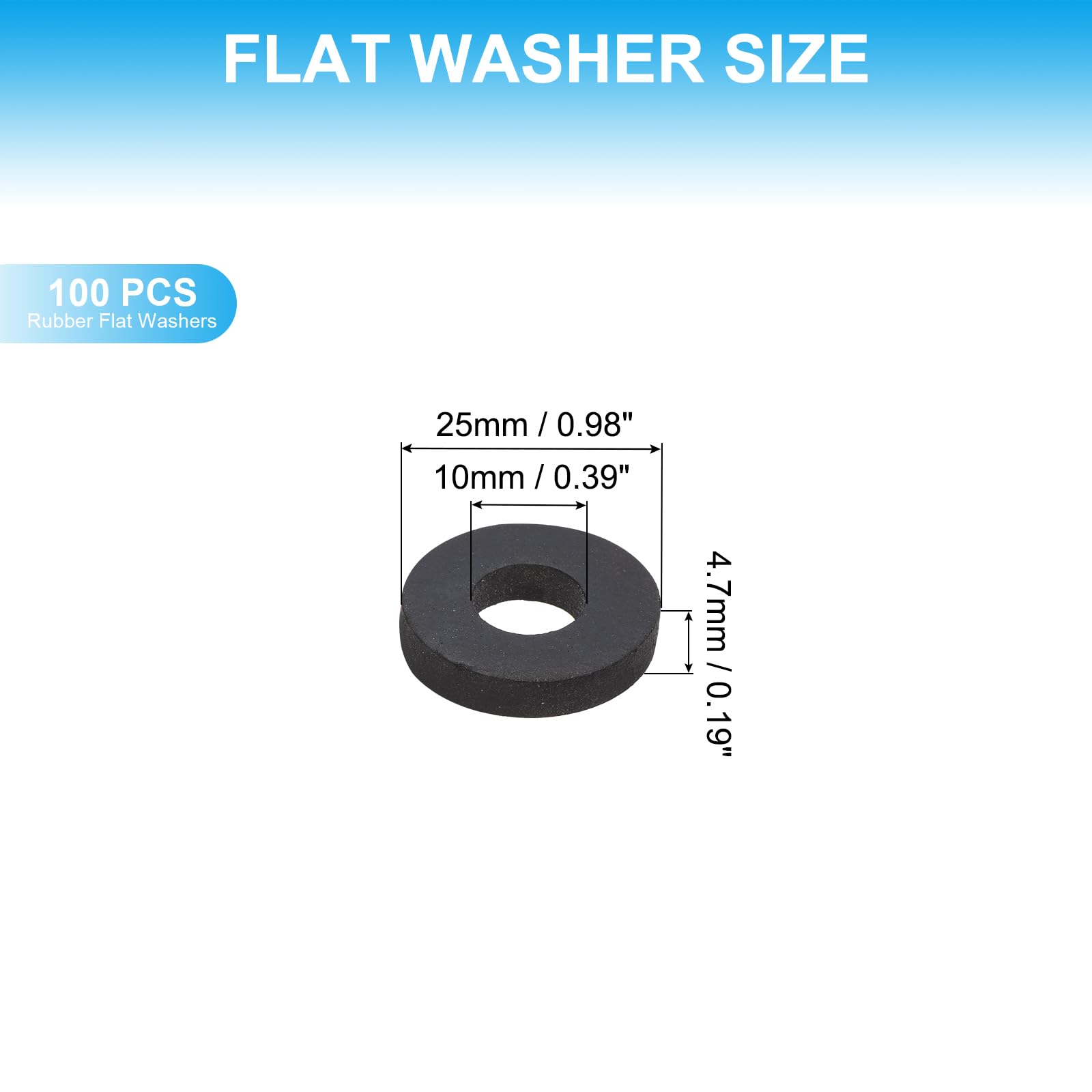 PATIKIL 100 Pcs Flat Rubber Washers 0.39" ID 0.98" OD 0.19" Thickness Sealing Rubber Spacer Gasket for Bolts Faucets Screws Hose Plumbing Black - Image 2