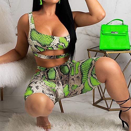Women Tracksuit Set Animal Print Sleeveless Crop Top High Waist Tight Shorts Casual Bodycon 2Pcs Outfit Set (M, Green Snake-Skin) #TOP1
