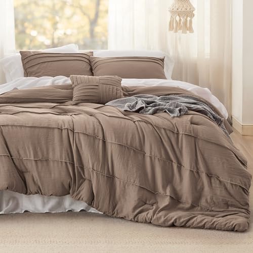 Image of Bedsure Brown King Size Comforter Set - 4 Pieces Pinch Pleat Bed Set, Down Alternative Bedding Sets for All Season, 1 Comforter, 2 Pillowcases, 1 Decorative Pillow