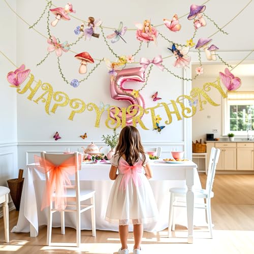 Image of SUNBEAUTY Fairy Birthday Party Banner Fairy Party Decorations Fairy First Birthday Party Decorations for Girls Women Flower Mushroom Garland Leaf Vine String for Baby Shower Wonderland Spring Summer Garden Tea Party