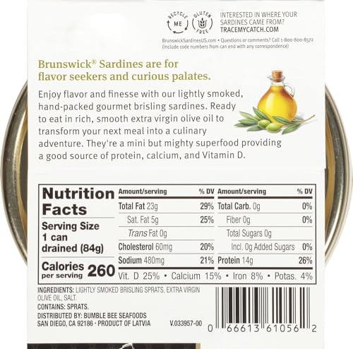 Brunswick Wild Caught Gourmet Brisling Sardines in Olive Oil - Protein Rich Snack - Gluten Free & Keto Friendly - |23 oz