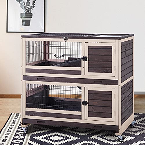 Rabbit Hutch Indoor Pet House for Small Animals, Outdoor Bunny Cage Wooden Bunny Hutch -Two Deeper Trays & Four Casters Included (Coffee)