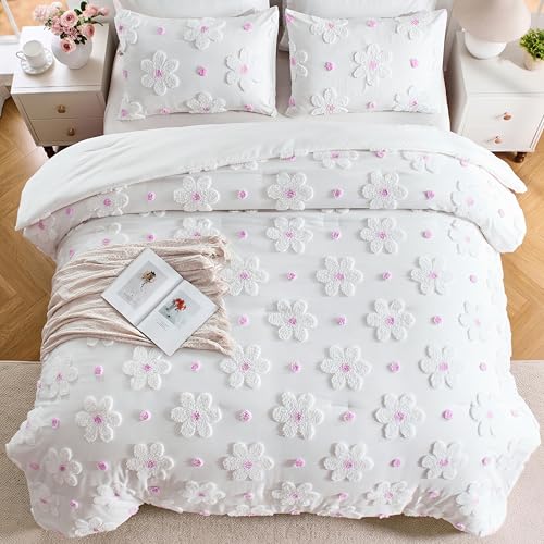 Image of Full Comforter Set for Girls Soft Pink Tufted Daisies Flowers Bedding Sets | CotComf 3 Pieces Full Size Floral Bedding Set for Girls Full Bed in A Bag Cute Comforter Bed Set for Kids Teen Girls Women