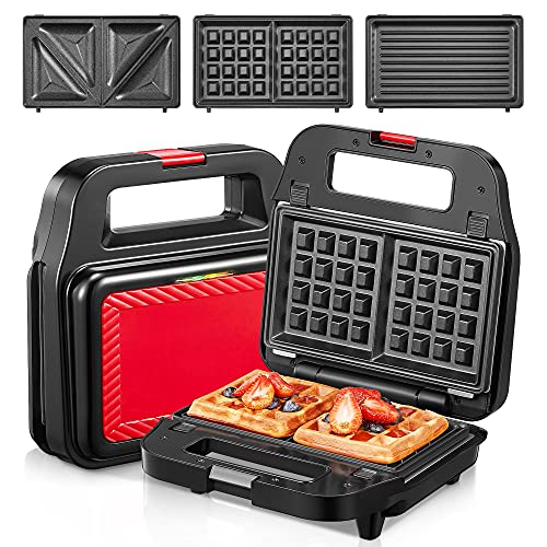 Sandwich Maker & Waffle Maker 3 in 1, 750W Panini Press & Electric Grill with Non-stick Coating Plates (Removable), LED Indicator Lights, Portable Handle for Breakfast, Picnic, Family Party