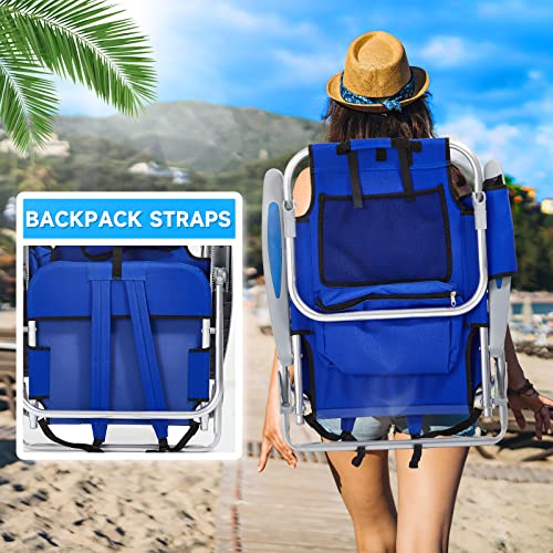 Canpsky Portable Beach Chair For Adults, Outdoor Lightweight Camping Chair Lay Flat Folding Backpack Beach Reclining Chair With 4 Positions, Headrest, Cooler Pouch, Cup Holder, Blue #TOP5