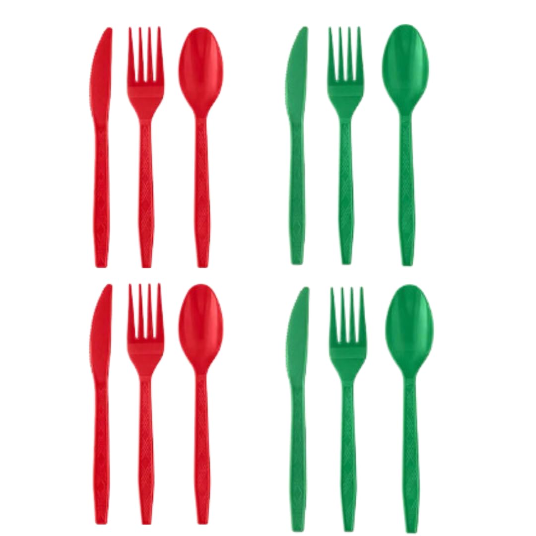 4 Pack Bundle Green Red Plastic Utensils Combo Pack - 192 Count Parties Events Durable Disposable Cutlery Cook Serve Kitchen