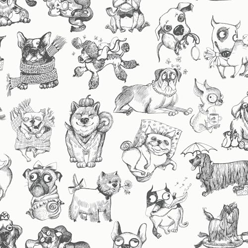 Papier peint monochrome amusant sur le thème des chiens Pooches en noir et blanc Muriva 102577