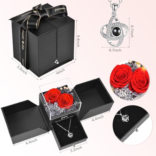 2 Preserved Rose Gift for Women - Eternal Rose with I Love You Necklace - Romantic Birthday Gifts for Girlfriend Mom Her Wife Grandma on Valentines Mothers Day Anniversary Christmas-Red - Image 4