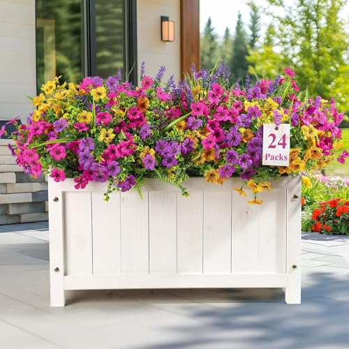 Alupssuc 24 Bundles Artificial Flowers Outdoor UV Resistant Eucalyptus Violets and Lavender Silk Fake Flowers and Plants for Home Garden Porch Window Wedding Decorations Yellow Rose Purple