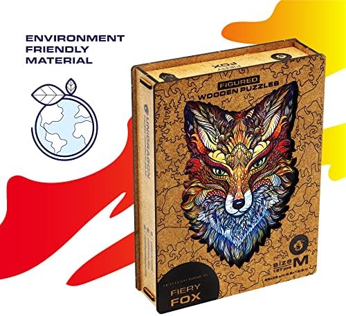 UNIDRAGON Original Wooden Jigsaw Puzzle - Fiery Fox, 197 pcs, Medium 8.6"x12.5", Unique Animal Shaped Puzzle Box, Birthday Gift Idea for Kids, Adults, Girls, Boys, Family Game and Hobby