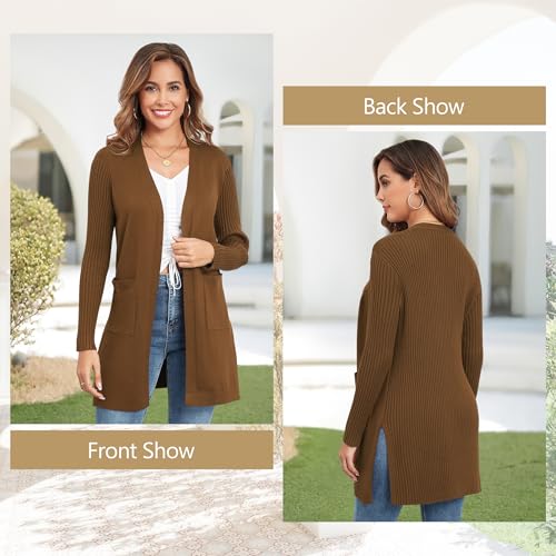Image of Women's Cardigan Sweaters V-Neck Long Sleeves with Two Pockets Side Split Hem Open Front Knit Casual Cardigan