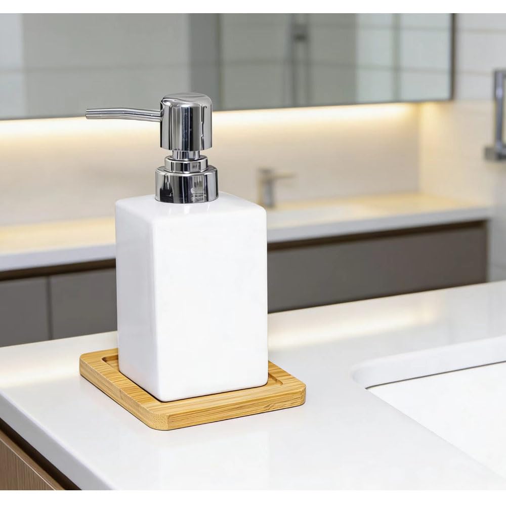 Nowoczesny biały kwadratowy dozownik mydła z tacą 325 ml pompa do mydła w płynie do łazienki i kuchni na blat - stylowy design do wielokrotnego napełniania do domu i biura