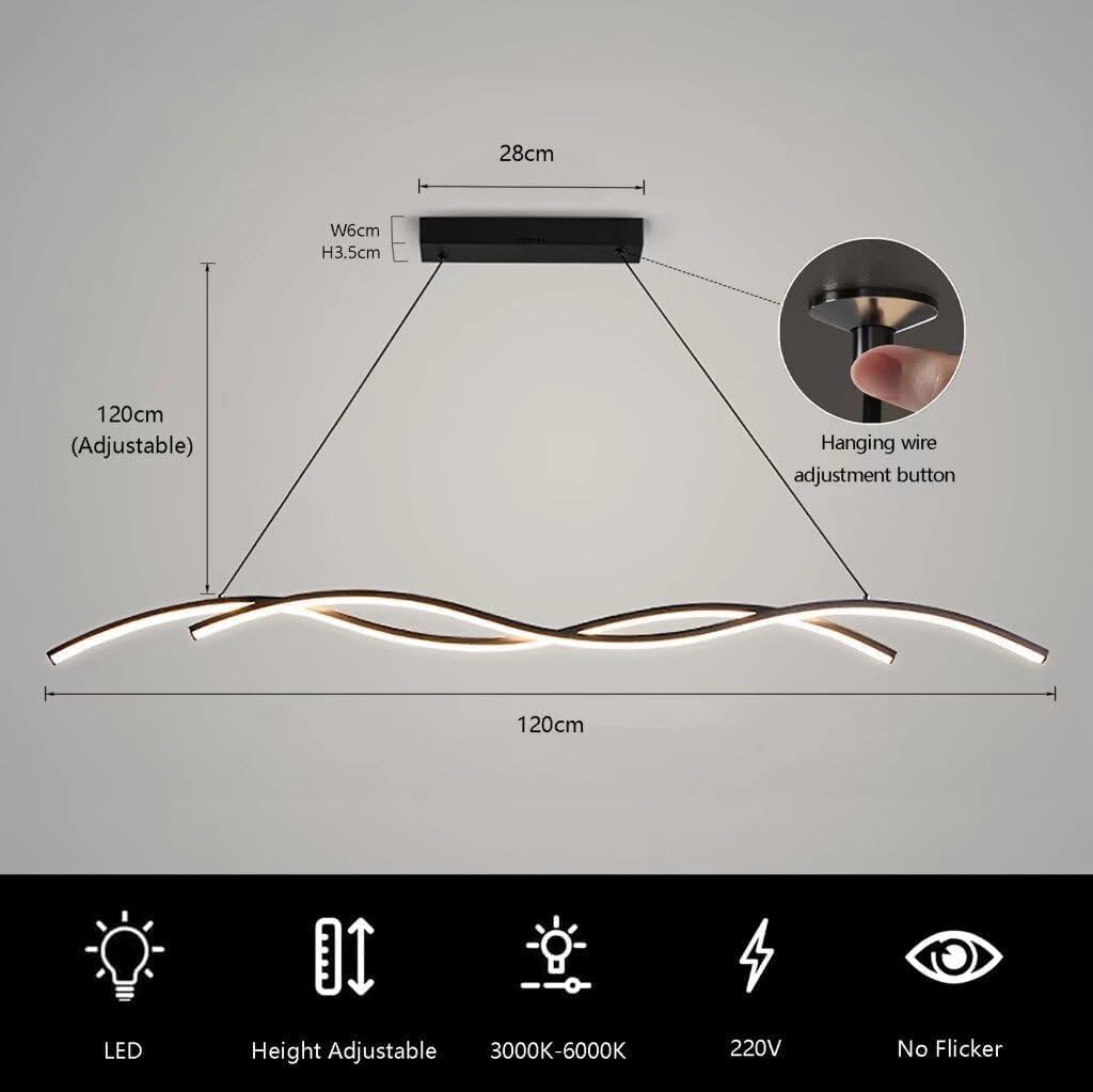 Liniowa Lampa Wisząca Led Wave 120 Cm Nowoczesne Oświetlenie Jadalni Sufit Lampa Wisząca 3-kolorowa ściemnialna Oprawa Sufitowa Z Regulacją Wysokości Do Salonu Na Wyspie Kuchenne, Black, 150cm