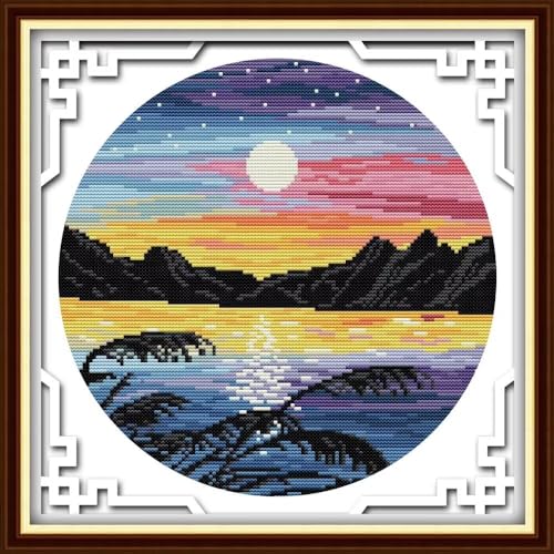 Image of Stamped Cross Stitch Kits for Beginners- Full Set of Sunset Embroidery for Adults,11 CT 3 Strands DIY Patterns Counted Arts Craft 15.3x15.3 inch