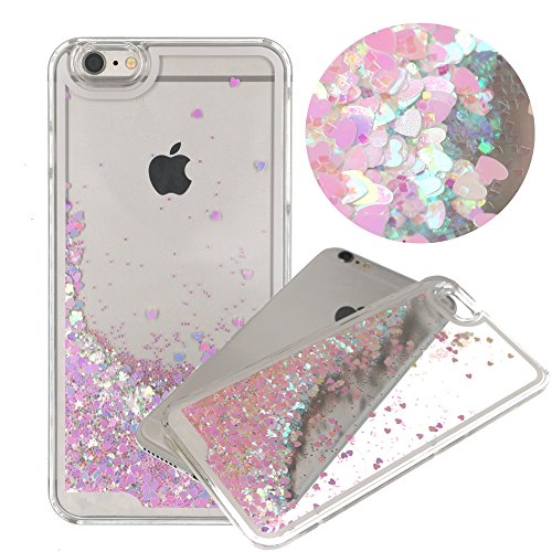 iPhone 6 Case,Cherry Blossom Sakura Liquid Quicksand Bling Heart Case,Flowing Floating Moving Love Heart Hard Case for iPhone6 6S(Bling Cherry Pink)