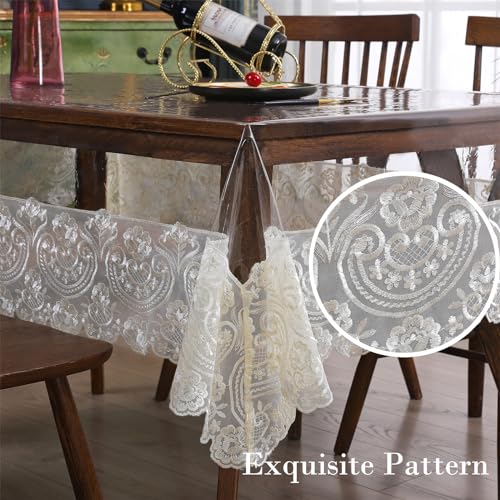 Rakila Clear Plastic Rectangle Tablecloth Vinyl Waterproof Table Cloth Embroidered Lace Edge Transparent Table Cover for Dining Kitchen Outdoor(60 x 98 inch, Off White) by Rakila - Used condition - Image 4
