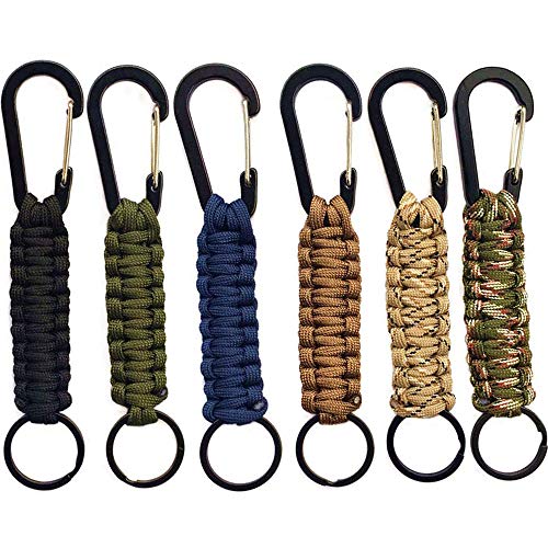 Qtopun Paracord Keychain Carabiner, Set of 6 Outdoor Activity Survival Kit Braided Lanyard Utility Ring Hook for Keys Flashlight