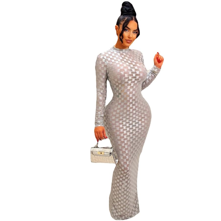 Image of Women's Casual Turtleneck Long Sleeve Elegant Long Dress Lounge Mesh Bodycon Maxi Party Dresses