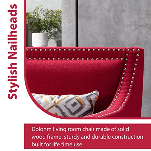 Dolonm Accent Chair With Arms Mid Century Modern Decorative Side Chair Upholstered Reading Chair With Wood Legs Nailhead Studded Wingback Linen Fabric Chair For Living Room Bedroom, Red #TOP2