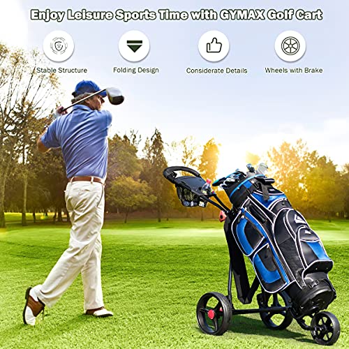GYMAX Golf Trolley, Folding 3 Wheel Golf Push Cart with Foot Brake, Umbrella & Cup Holder, Adjustable TPR Handle and Mesh Bag, Lightweight Golf Bag Holder - 7
