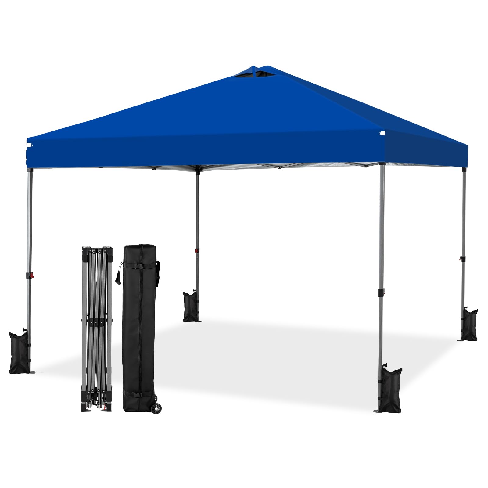 newbulig 10x10 pop up canopy, heavy duty instant tent with one push setup for outdoor camping events party patio backyard, portable sun shade with vented top and wheeled carry bag blue