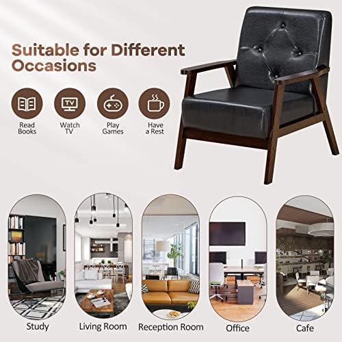COSTWAY Single/3-Seater Sofa Chair, Mid-Century PU Leather Button Tufted Accent Armchair Couch, Rubber Wood Upholstered Guest Sofa for Living Room Bedroom Office (Single Sofa, Black)