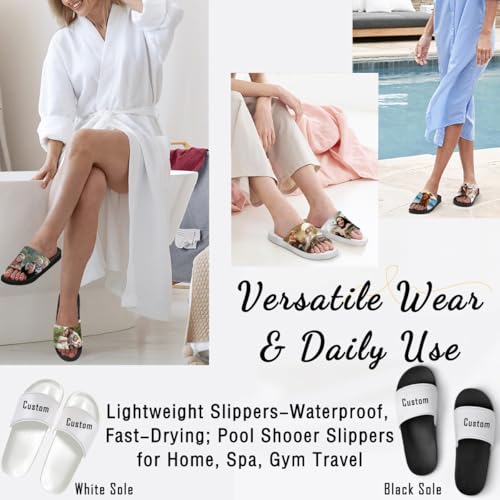 Custom Photo Slides Slippers, Personalized Text Flip Flops, Indoor Outdoor Comfort Sandals, Customize Open Toe Shoes Unisex Gifts for Women Men Couples Family, Non Slip Black Sole Shower Beach4