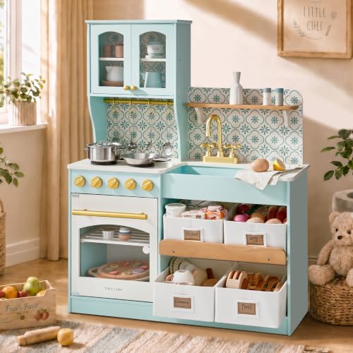 Image of Tiny Land Wooden Play Kitchen for Kids with Toy Storage for Pretend Play