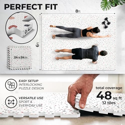 Image of bemaxx Gym Mats Set - 12 pcs EVA Interlocking Foam Floor Tiles (24.4 inchx24.4 inchx0.4 inch) 48 sqft Protective Gym Flooring Sports Home Workout Exercise Mats Puzzle Garage Fitness Play-Room Pool Treadmill Bike