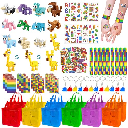 LINAYE 12 Packs Building Blocks Party Favors - 122 Pcs Birthday Party Favors Supplies with Goodie Bags Animals Building Blocks Notebooks Tattoo Stickers Sheets Gift Bag Stuffers for Kids