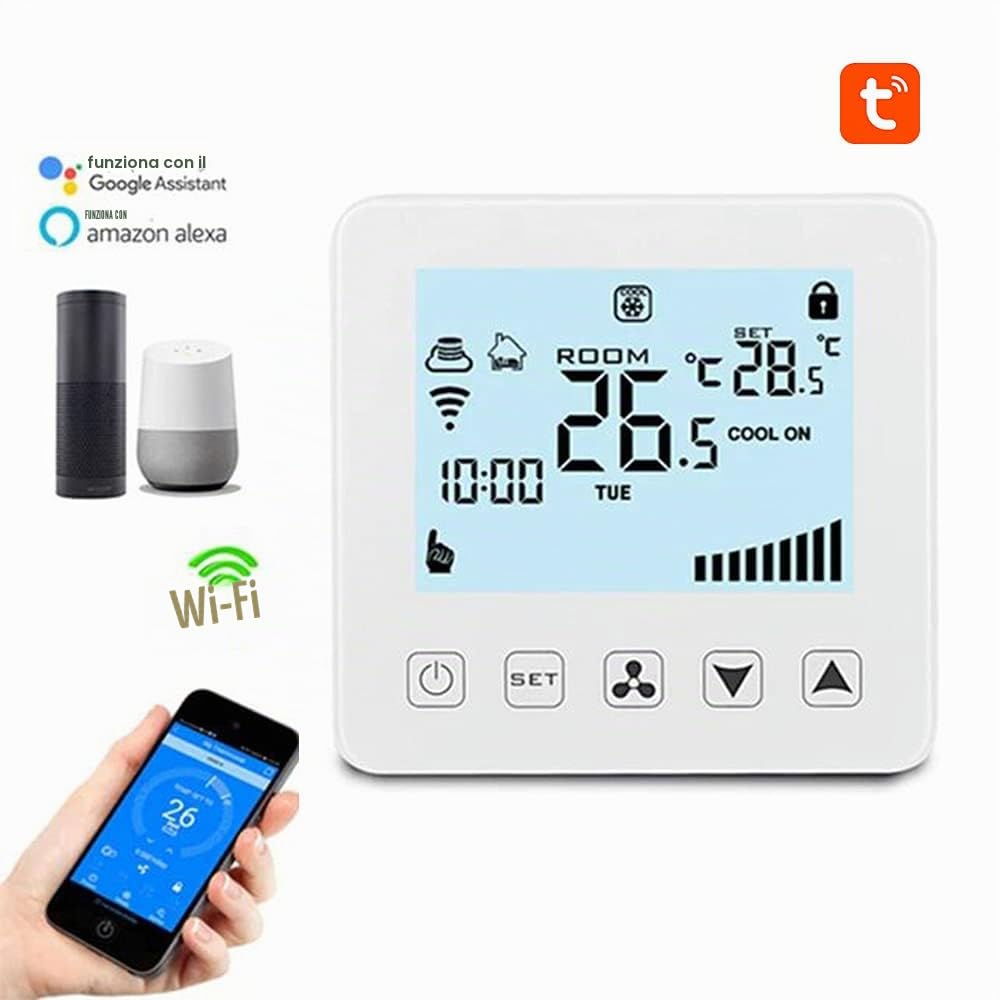 Smart WiFi Termostato Aria Condizionata Termostato Fan Coil per Raffreddamento Riscaldamento LED Touch Screen Controllo della Temperatura, Compatibile con Alexa, Smart Life APP