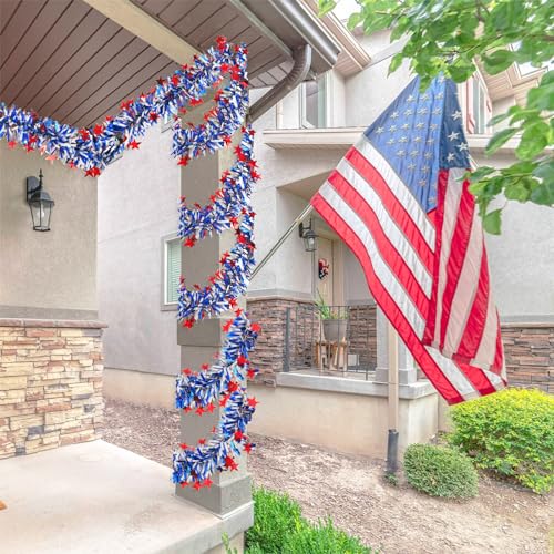 Image of 33FT 4th of July Patriotic Tinsel Garland Red White Blue Metallic Twist Foil Tinsel Garland with Star Shiny Hanging Decorations for Independence Day Memorial Day Celebration Party Decoration