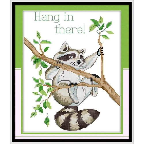 Image of JOYSEWING Raccoon Stamped Kits Cross Stitch for Adults 11CT Pre Printed Fabric Needlepoint Kits Embroidery Kits for Beginners Cute DIY Handmade - (Hanging and Thinking (Printed)) 10.6x14.2 inch