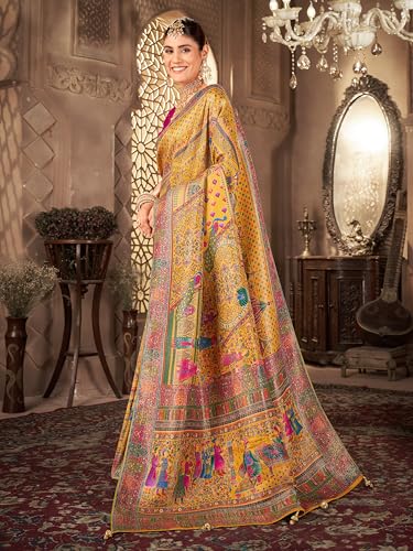 Image of Glory Sarees Women's Luxurious Dola Pure Silk Original Saree Position Print Work Madhubani Inspired Motifs Banarasi Kanjivaram Style Saree With Blouse Piece (Elegant101 Parent)