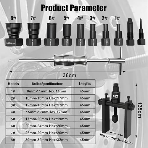 Image of SGT 12pcs Blind Hole Collet Bearing Puller Set,Internal Bearing Extractor Puller Kit,Motorcycle Bicycle Wheel Bearing Removal Tool,Slide Hammer Bearing Puller with Expandable Collets 8-32mm