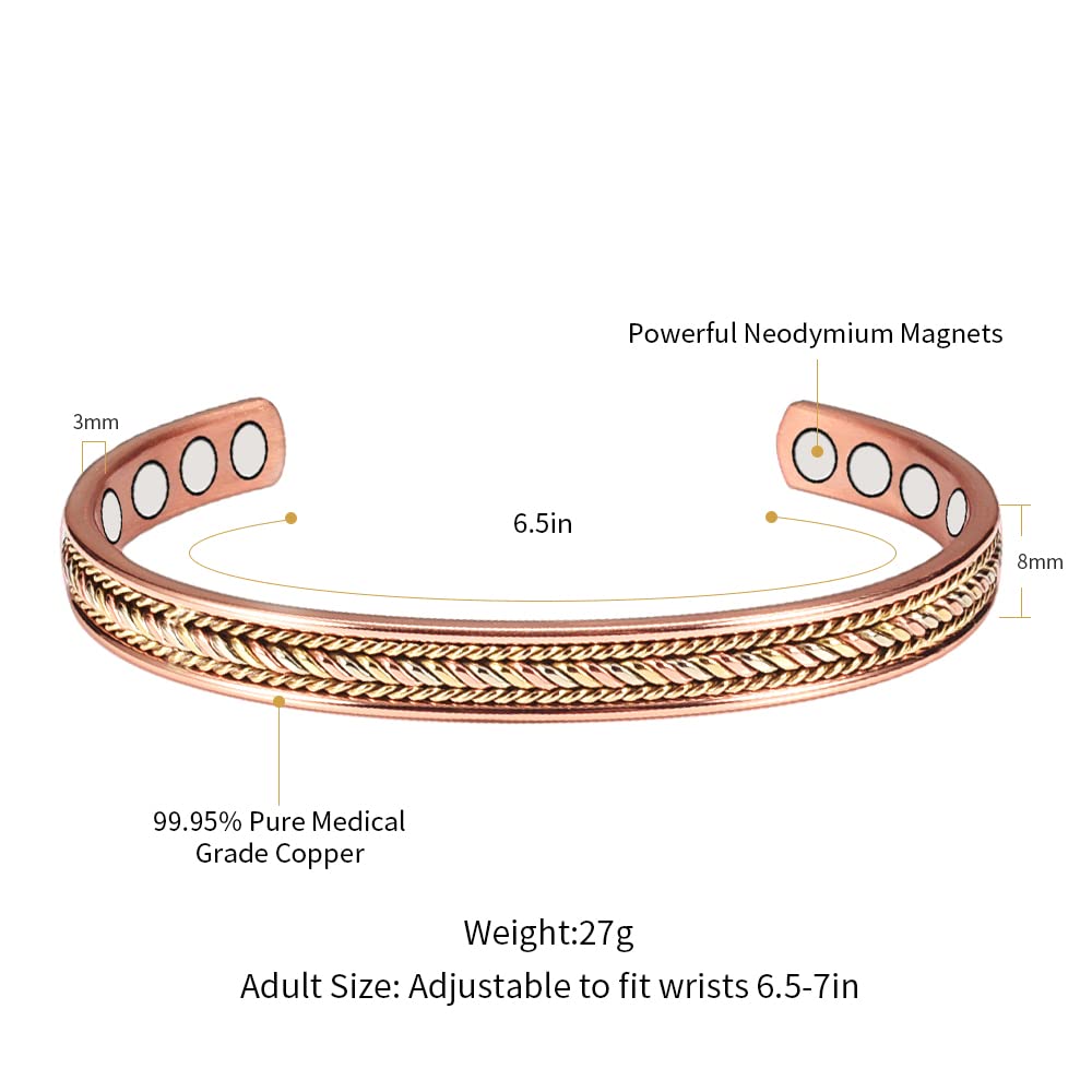EnerCoppeX Bracelet en cuivre magnétique tressé 3 tons de 16,5 cm - Bracelet magnétique en cuivre massif 99,99 - 8 aimants (3500 Gauss) - Taille réglable - Unisexe