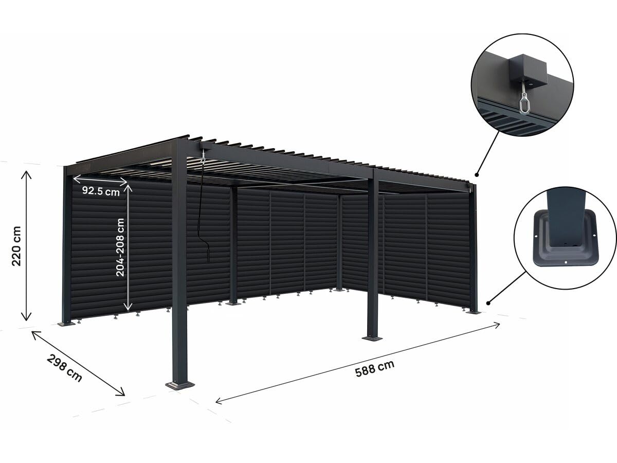 Pergola bioclimatique avec 9 persiennes en Aluminium Kensington - 3 x 6 m - Gris