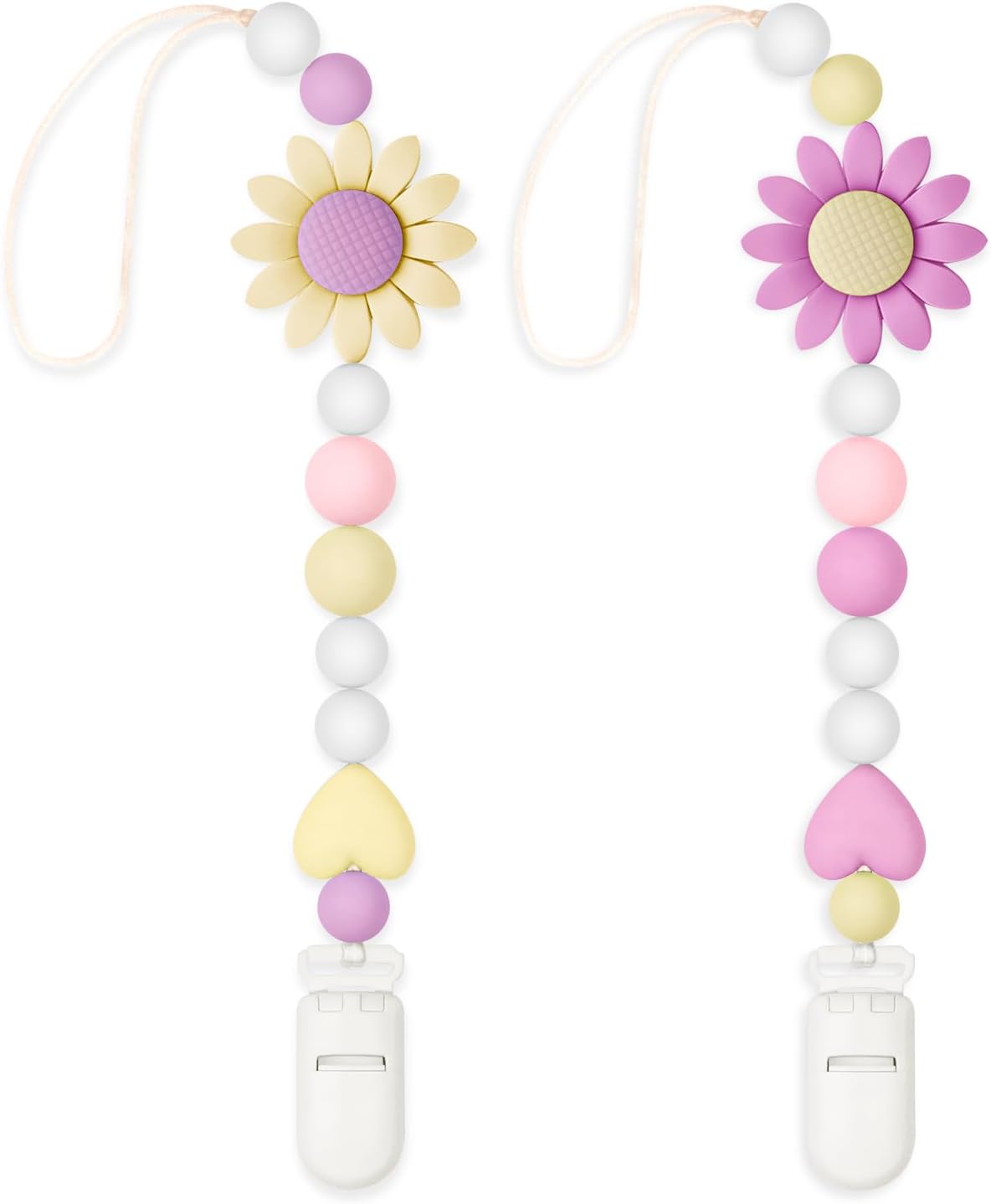 2 Pack Silicone Pacifier Clip for Boys and Girls, Features One-Piece Design Pacifier Strap with Clip, Adorable Sunflower Pacifier Holder for Baby Teethers and Toys