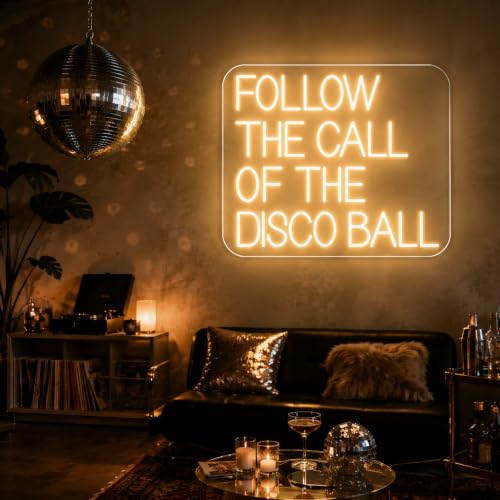 Image of Follow The Call Of The Disco Ball Warm White Neon Sign for Wall Decor USB Powered Neon Light for Disco Party Bar Club Bedroom Bachelorette Party Decor Disco Lovers Gift(14 inchx12 inch)