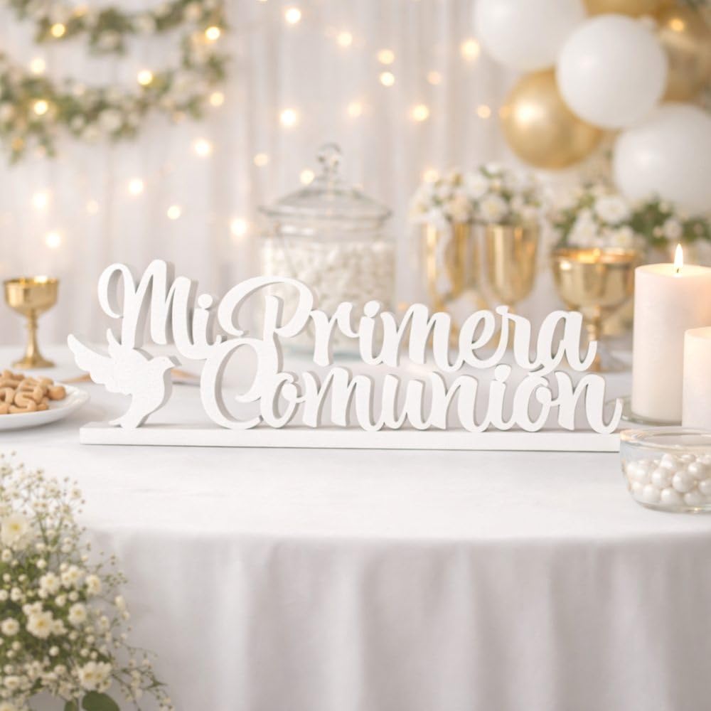 Letrero " Mi Primera Comunion " en poliestireno para Decoración en Mesa Dulce o Candy Bar, photocalls. (Letrero_Paloma, 5cm)
