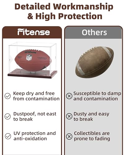 Image of Fitense Football Display Case Acrylic Clear, Football Stand Holder Full Size with Solid Wood Base, UV Protected Football Display Box with Removable for Football Fans & Collectors, Memorabilia & Gift