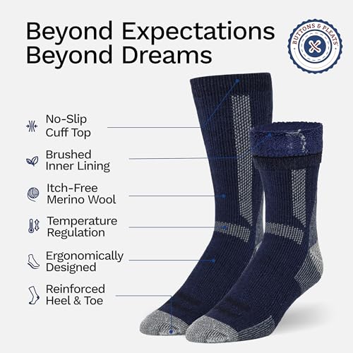 Image of Buttons & Pleats Wool Socks for Men & Women Merino Thermal Warm Cozy Winter Boot Sock